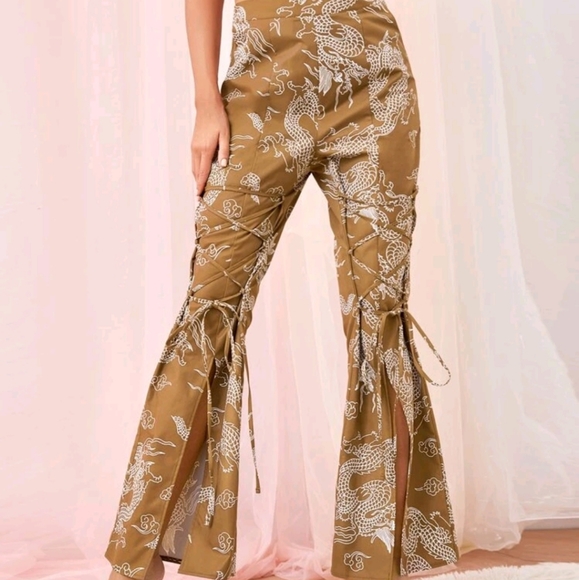 lace up printed flare leg pants